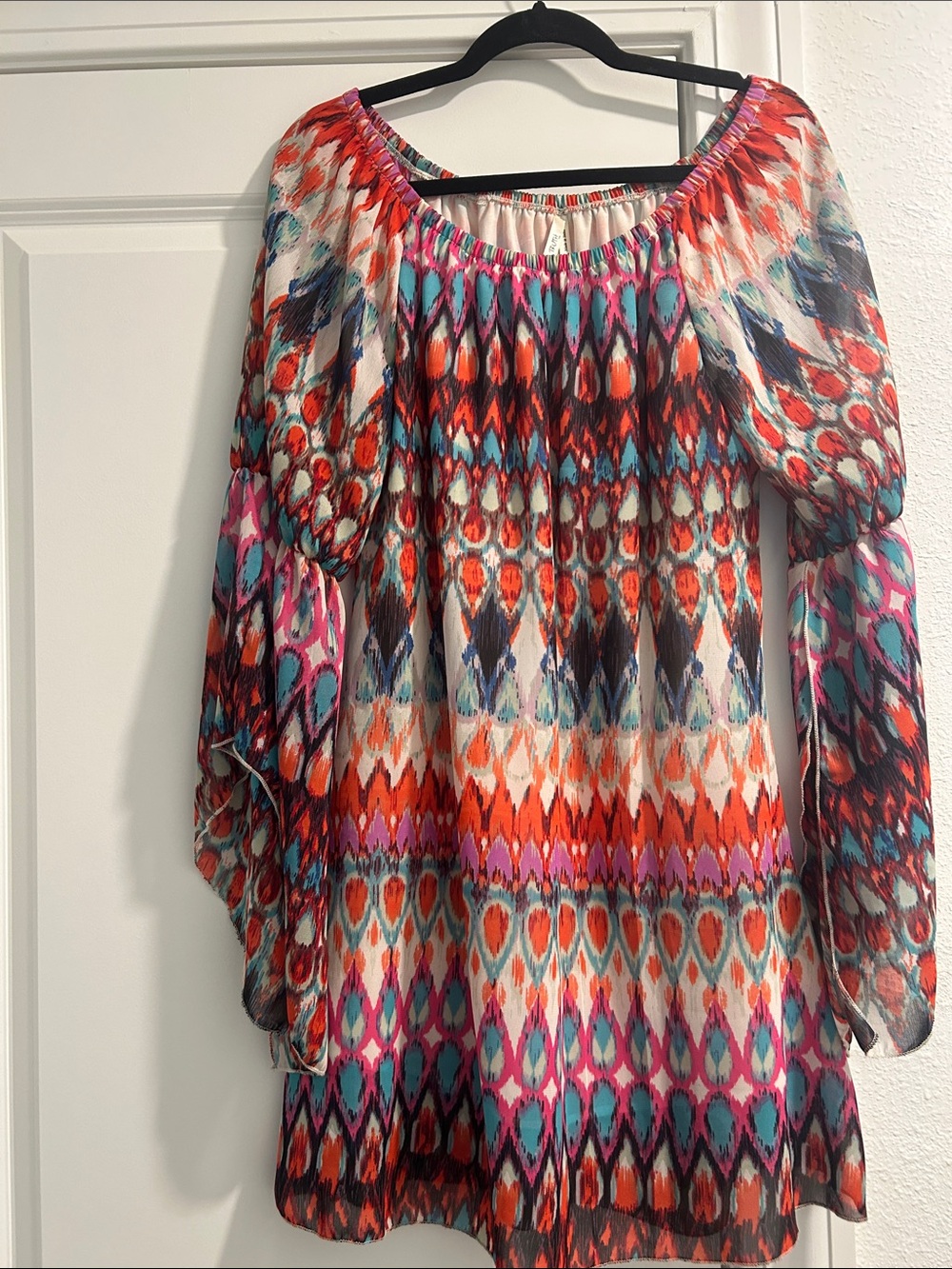 Truth Multicolor Ikat Print Boho Mini Dress in Coral, Turquoise & Magenta